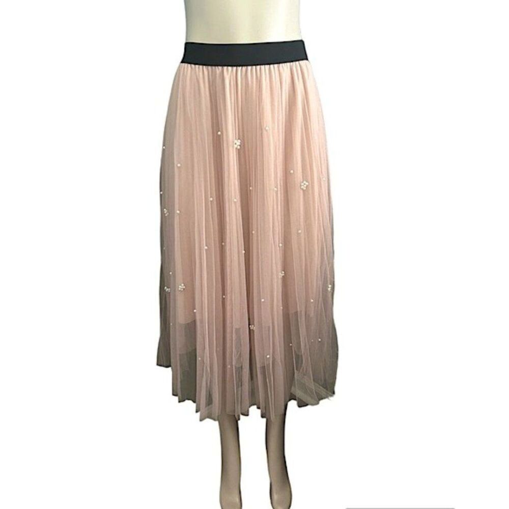 Sadie & Love Blush Pink Tulle Layered Cluster Pearls Midi Skirt Size Medium